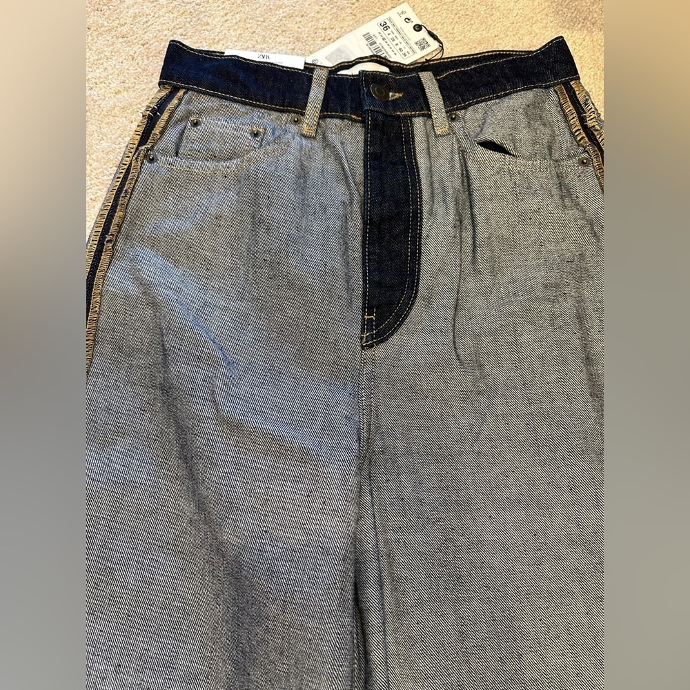 ZARA Inside Out Blue Denim Jeans Size 4 wide Leg High Rise Relaxed Pants  NWT - Picture 5 of 6